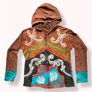 Rising International Handmade Multi-Color Patchwork Zip Up Hoodie women's Size M